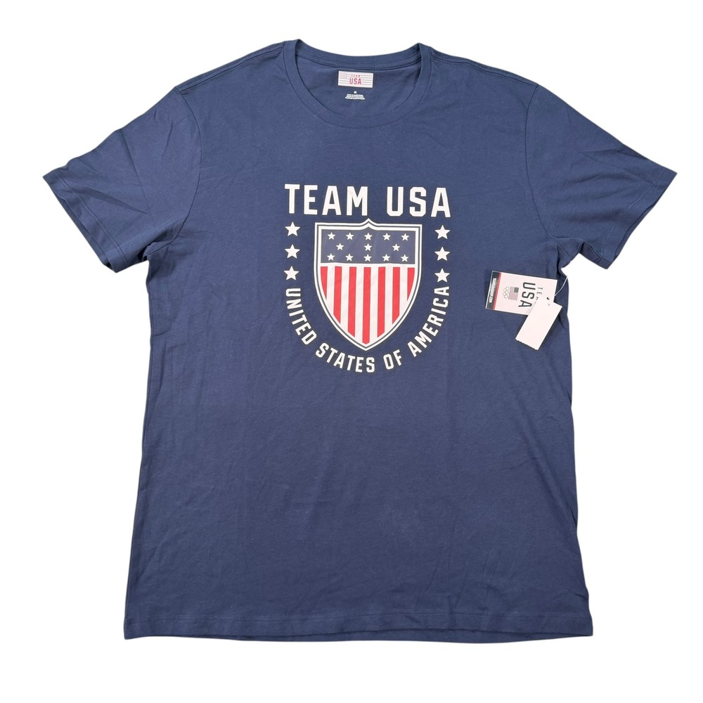 Team USA Men Graphic Shield Navy Blue Short Sleeve Cotton T-Shirt Size M